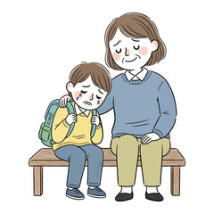 Compassionate Woman Comforting Crying Boy With Backpack On Bench Illustration