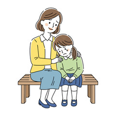 Compassionate Woman Comforting Crying Girl On Bench Illustration