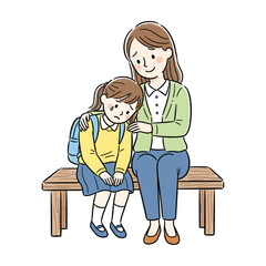 Compassionate Mother Comforting Crying Daughter With Backpack On Bench Illustration