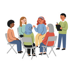 Diverse Women Support Group Meeting In Circle With Male Facilitator Illustration