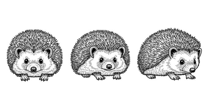 Trio of hedgehogs in detailed black and white ink drawings