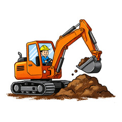 Cute Orange Cartoon Excavator With Construction Worker Digging Dirt Illustration