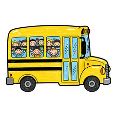 Cute Yellow Cartoon School Bus With Happy Children Waving Illustration