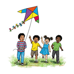 Happy Diverse Group Of Children Running And Flying Colorful Kite Outdoors Illustration