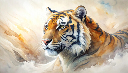 A majestic tiger head emerges from flowing, textured, pale-toned wisps, evoking movement and grace in a serene atmosphere