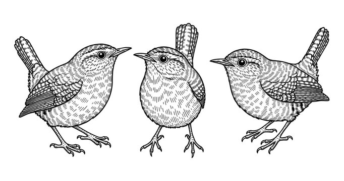Detailed black and white illustration of three small birds facing different directions