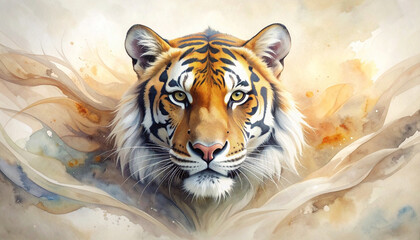 A majestic tiger head emerges from flowing, textured, pale-toned wisps, evoking movement and grace in a serene atmosphere