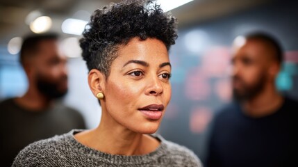 a determined female executive leading a brainstorming session with her team in a modern office meeting room energetic leader conducts a dynamic discussion engaging colleagues with a whiteboard presen