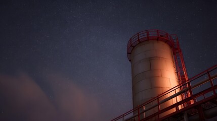 An illuminated industrial storage tank stands tall against a dark night sky filled with countless twinkling stars conveying a sense of vastness and