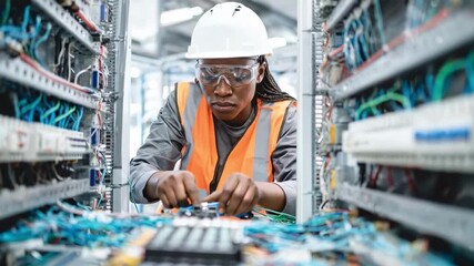Technician Works on Network Cables in Server Room While Wearing Safety Gear and Focusing on Tasks With Tools - Powered by Adobe