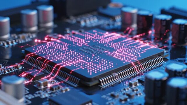 Glowing pink circuits on a black computer chip, surrounded by capacitors. Macro focus
