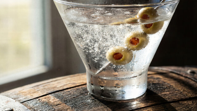 Extreme close-up macro of frozen vodka martini in classic V-shaped martini glass with three speared olives, liquid crystal clear with tiny ice crystals suspended throughout from freezer temperature