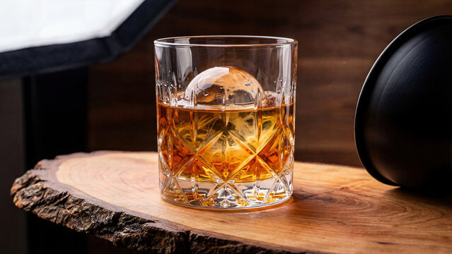 Detailed macro shot of Japanese whisky in cut crystal rocks glass with single large spherical ice ball, whisky rich amber color with ice sphere perfectly clear showing no bubbles, condensation forming