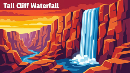 tall waterfall plunges from a steep cliff into a deep canyon, showcasing scale, gravity, vertical motion, and dramatic contrast within rugged natural terrain © Evan