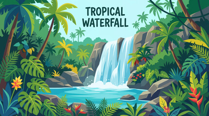 tropical waterfall flows through dense jungle vegetation, highlighting lush greenery, humidity, vibrant ecosystems, and exotic natural beauty in a secluded rainforest environment © Evan