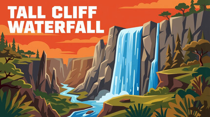 tall waterfall plunges from a steep cliff into a deep canyon, showcasing scale, gravity, vertical motion, and dramatic contrast within rugged natural terrain © Evan