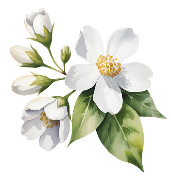 White jasmine flower branch painted in soft hand drawn watercolor style isolated on white background.