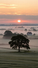 Foggy Farmland Sunrise