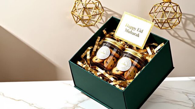 A festive dark green gift box filled with golden shredded paper, holding two jars of cookies and a "Happy Eid Mubarak" card, with golden lanterns in the background.