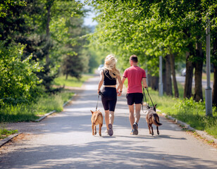 Couple Walking Two Dogs on a Sunlit Trail. Morning Wellness Routine with Pets. A heterogeneous couple briskly walking two leashed dogs down a sunlit quiet morning trail or park path.

