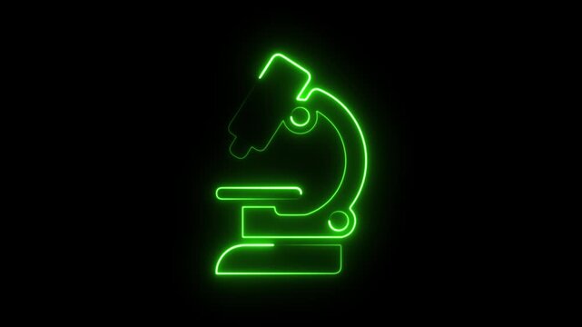Neon microscope icon animation, glowing neon effect green microscope machine video animation,4K motion graphic representing chemistry, biology, microbiology, and pharmaceutical research.