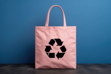 Pink tote bag with black recycling symbol on blue background reusable bag shopping bag