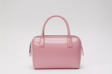 Shiny pink patent leather barrel handbag with silver zipper pink handbag glossy barrel bag