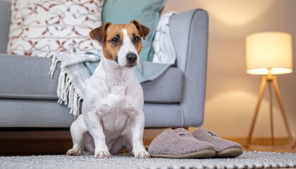 Dog Sitting on Couch with Owner's Slippers. Morning Wellness Routine with Pets. Dog sitting on a cozy sofa resting its head next to an pair of owner's slippers waiting for the person to get ready.
