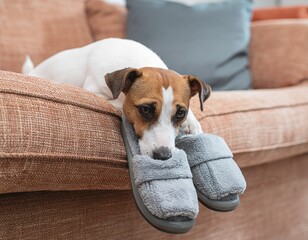 Dog Sitting on Couch with Owner's Slippers. Morning Wellness Routine with Pets. Dog sitting on a cozy sofa resting its head next to an pair of owner's slippers waiting for the person to get ready.
