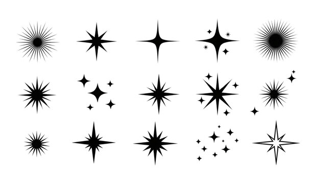 Black star sparkle and twinkle icon vector set with shiny flash symbols isolated on white background