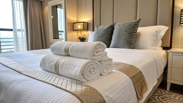 bed in hotel room, Hotel-style towel arrangement on bed, premium hospitality detail