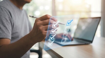 a man is interacting with a transparent digital checklist floating above his laptop suggesting task management or progress tracking in a modern workspace