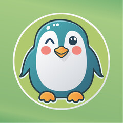 Fototapeta premium Cute cartoon penguin winking with rosy cheeks and a green background circle.