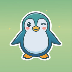 Cute cartoon penguin winking with rosy cheeks on a green gradient background.