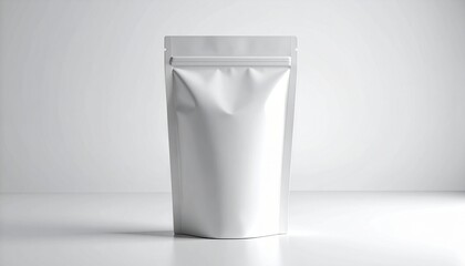 Blank white stand-up pouch with zipper closure on a clean white background, perfect for product packaging mockup