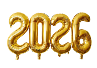 Gold balloons forming the year 2026 for new year celebration isolated on transparent background