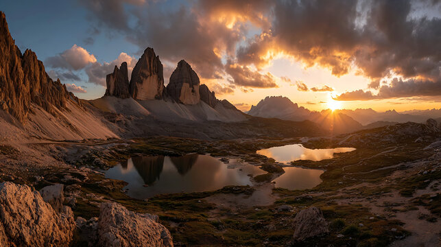 Tre Cime di Lavaredo mountains at sunset with reflective lakes - Powered by Adobe