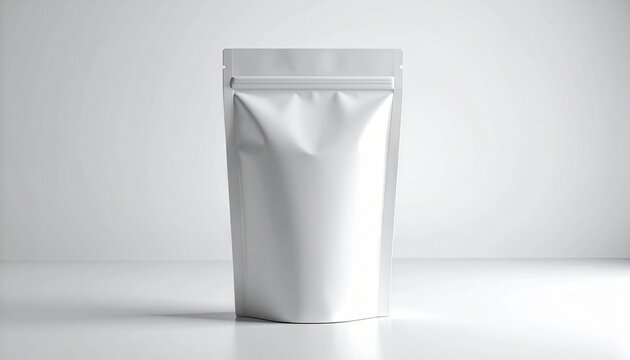 Blank white stand-up pouch with zipper closure on a clean white background, perfect for product packaging mockup