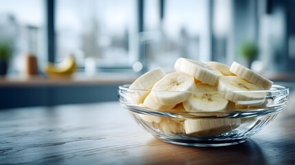 Freshly Sliced Bananas in a Transparent Bowl on a Kitchen Counter