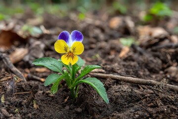 A fresh spring garden scene is presented in passive voice, a pansy stands planted, vibrant greenery surrounds 