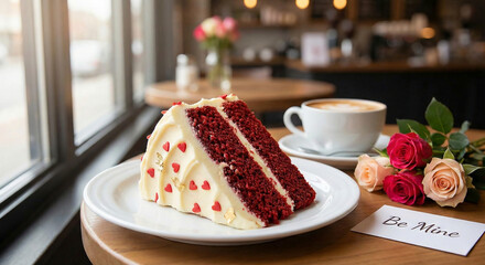 Slice of red velvet cake with white frosting, valentine dessert concept