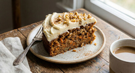 Slice of homemade carrot cake with cream cheese frosting, dessert concept
