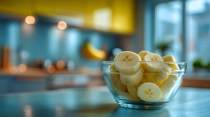 Freshly Sliced Bananas in a Clear Glass Bowl on Kitchen Table