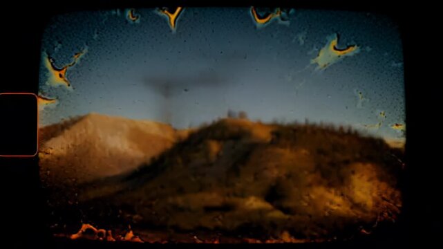Dramatic vintage super 8 film footage of a dry desert mountain landscape with intense film burn, dirt, grain, and atmospheric dust creating an old retro horror or documentary aesthetic.