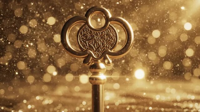 Golden vintage key with intricate design amidst sparkling glitter, suggesting magic and fantasy