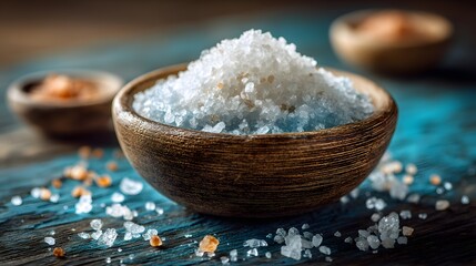 Close-up of Sea Salt in Wooden Bowl on Rustic Table Surface