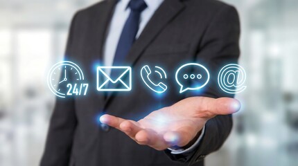 a businessman in a suit presents glowing digital icons representing communication and support services with a futuristic interface overlaying his palm high quality