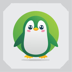 Cute green penguin cartoon character with big eyes and a yellow beak, standing in front of a green circle.