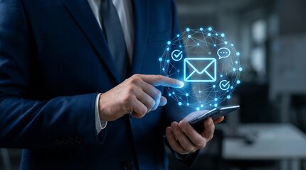 a businessman in a suit interacts with a glowing digital network and email interface projected from a mobile phone signifying modern communication