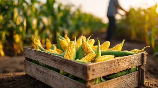 Fresh corn in a wooden crate, harvested under the warm sunlight in a fertile field ready for market.